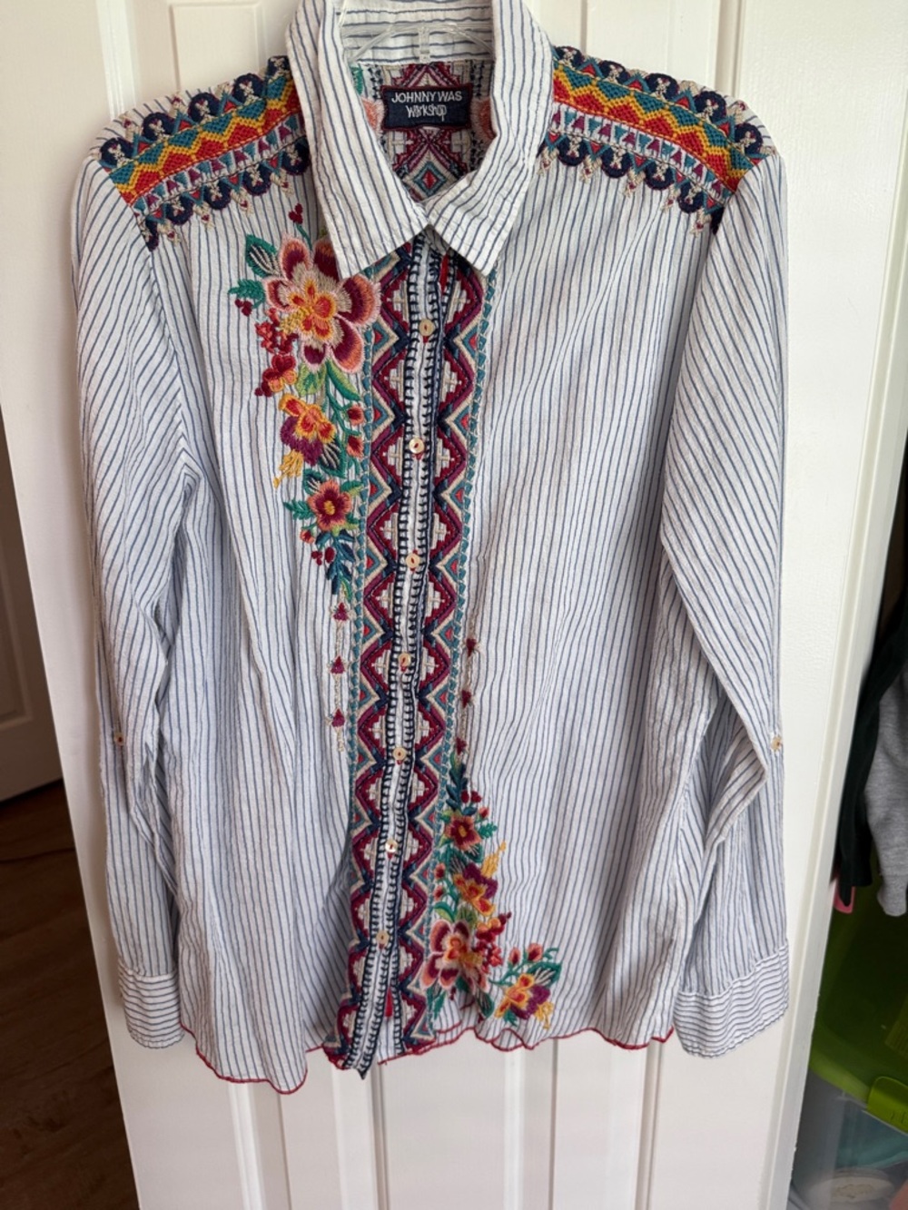 Johnny Was Striped Button-Down with Multicolor Floral Embroidery